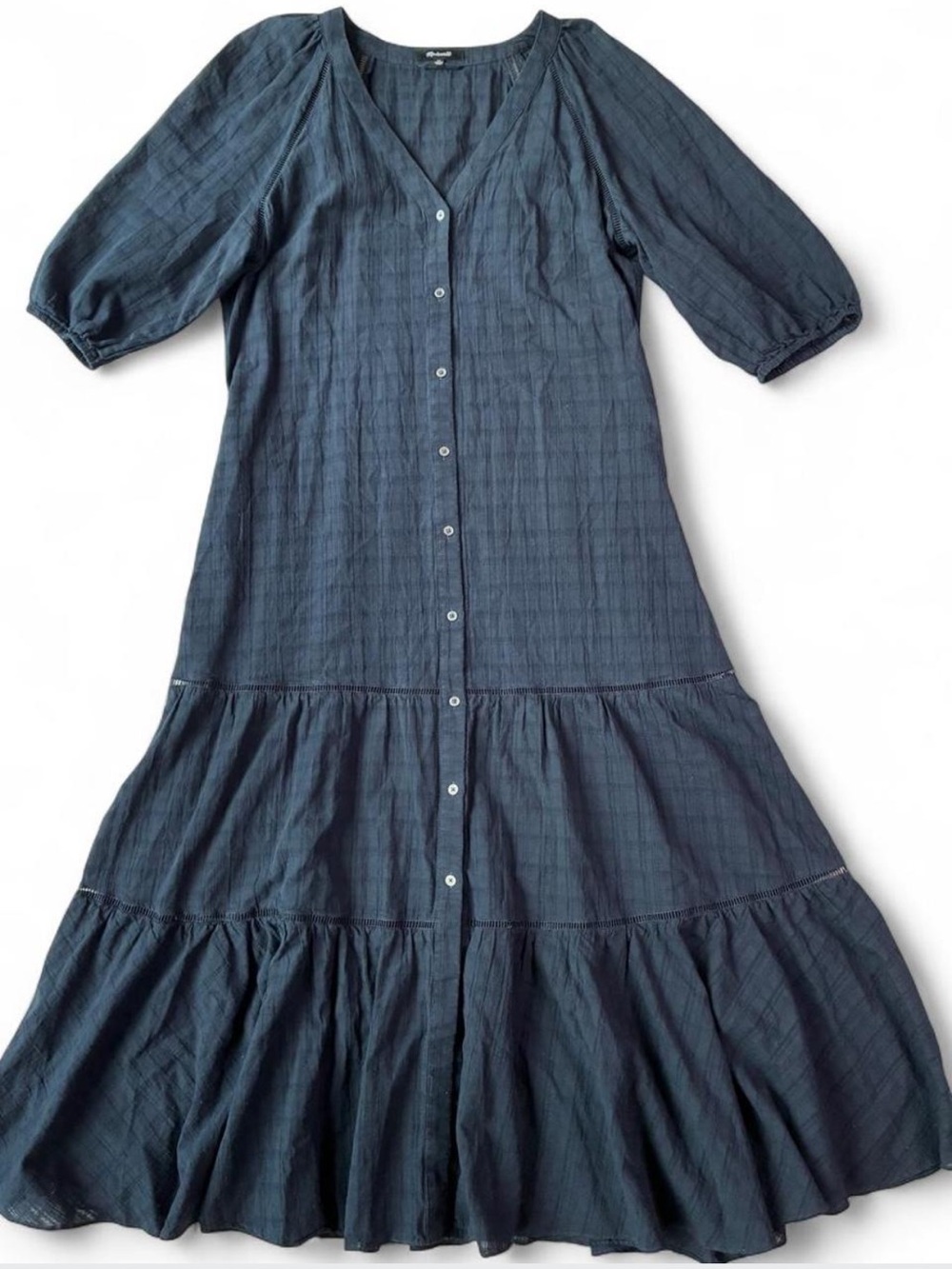 Madewell Navy Tiered MIDI Dress with 3/4 Sleeves Button Front Cottagecore 12